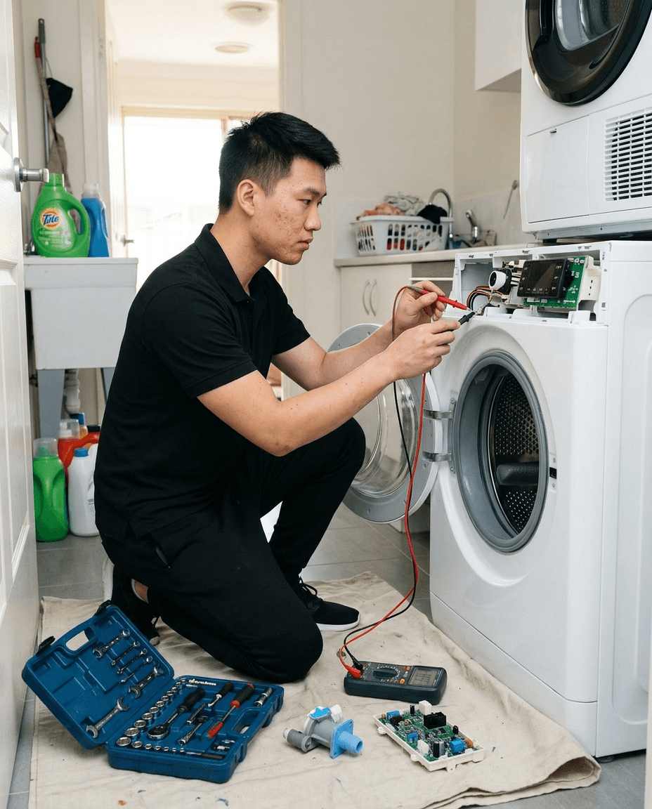 Technician diagnosing appliance on-site